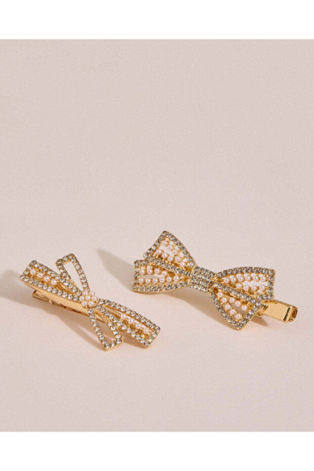 Women Gold Bow Hair Clip Set (Pack Of 2)