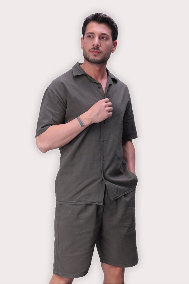Men's Khaki Linen Shirt Shorts Set – Oversize Comfortable Fit 2-Piece Summer Casual Combination