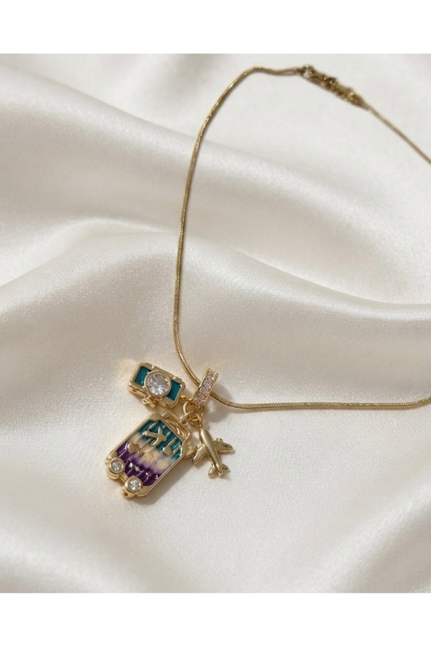 Airplane Suitcase Charm Steel Pendant - Gold