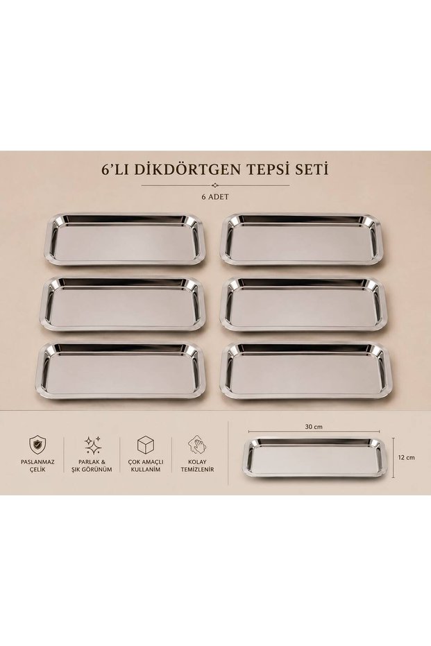 Stainless Steel Silver 6-Piece Rectangular, Baton Tray, Presentation Dish Multipurpose Plate