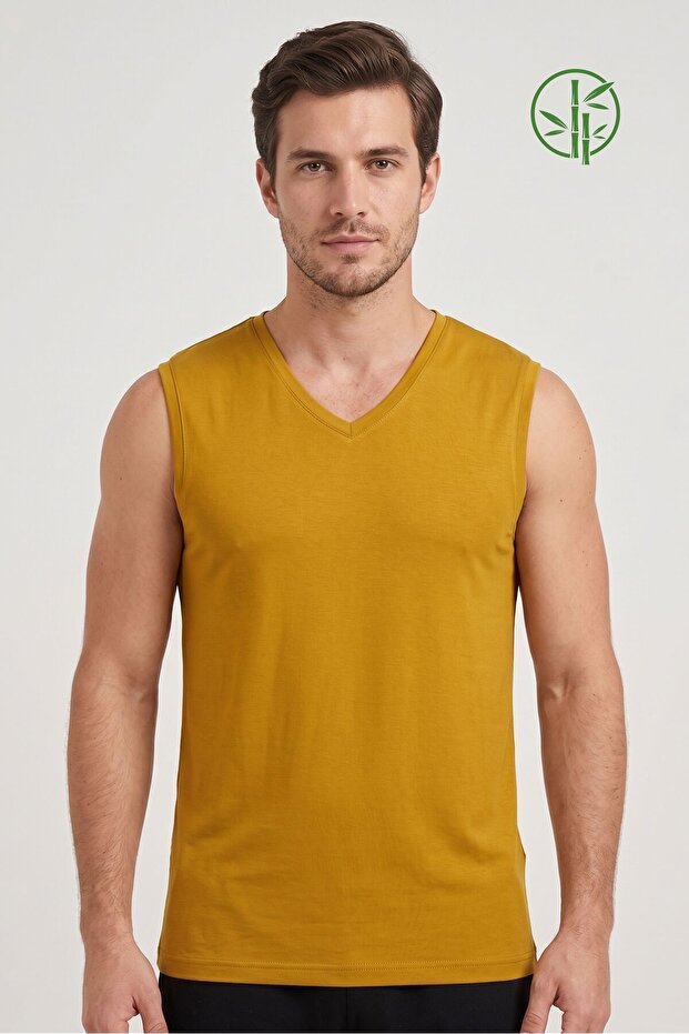 Men's Mustard Bamboo V-Neck Zero Sleeve T-Shirt