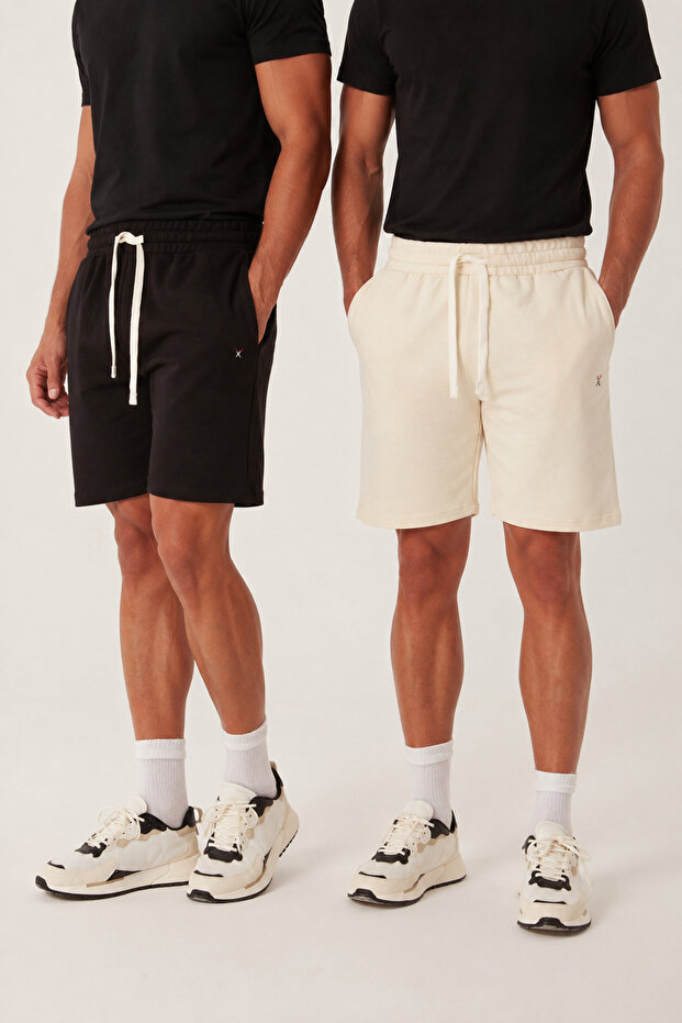 Men's 2-Piece Basic Shorts Set Black Ecru Elastic Waist Lace-Up Shorts with Pockets