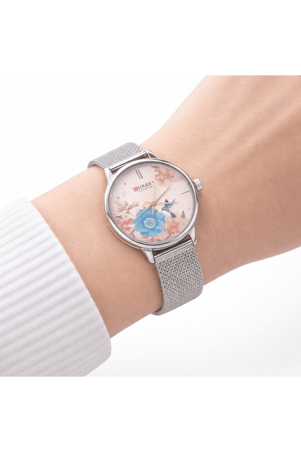 Floral Women’s Watch Silver Mesh Strap Elegant