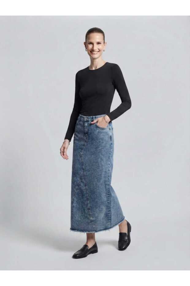 Milo Stitched Asymmetrical Cut Hem Tassel Detail Long Denim Skirt