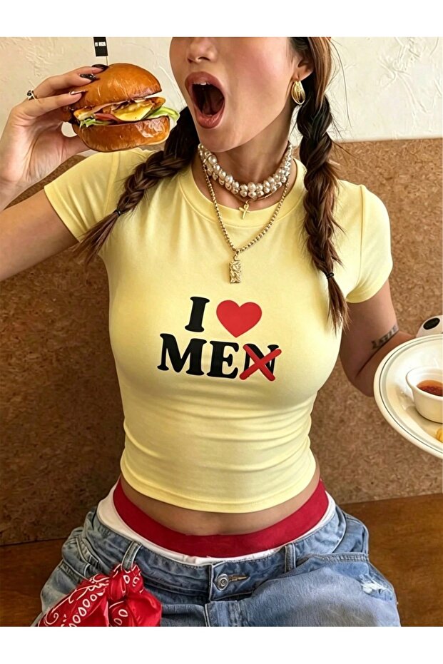 Kemer Boy I Love Men Printed Crop Blouse