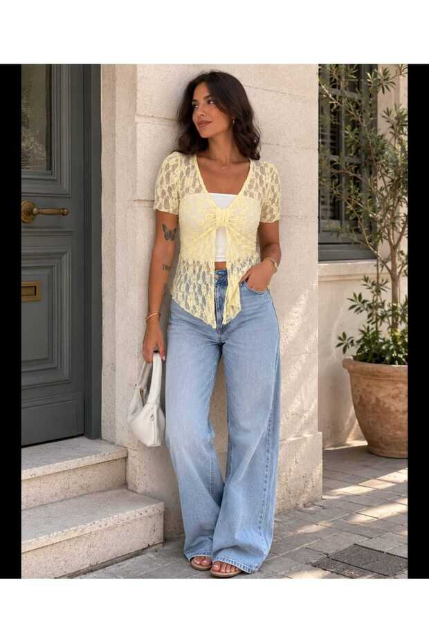 Women's Lace Transparent Front Tie Drawstring Detailed V-Neck Short Sleeve Summer Blouse