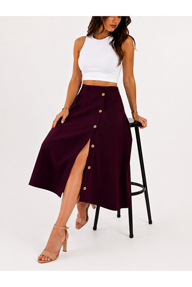 Six-Piece Purple Woven Skirt with Button Detail