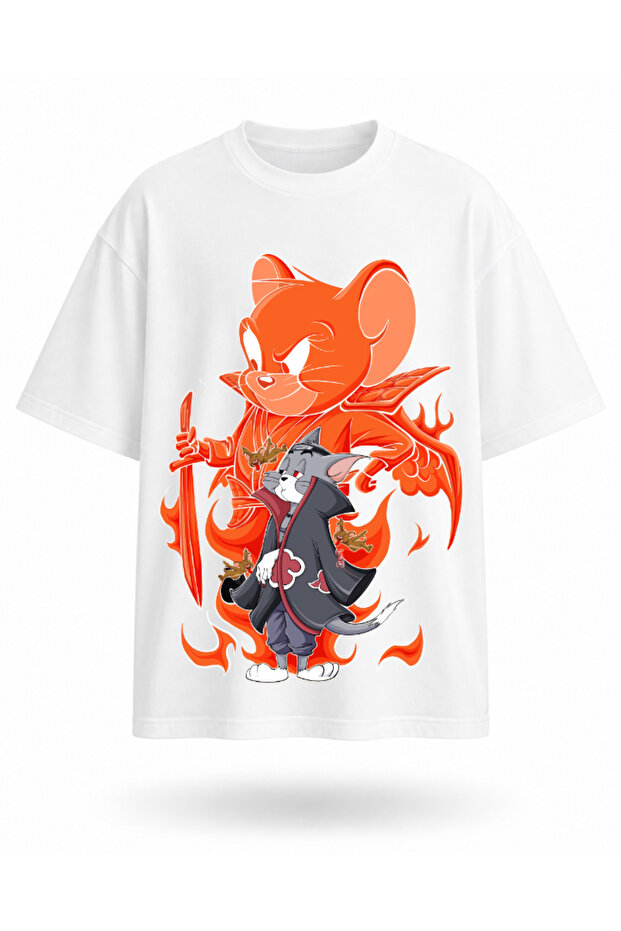 Flaming Samurai Cat Printed Oversize Unisex T-Shirt