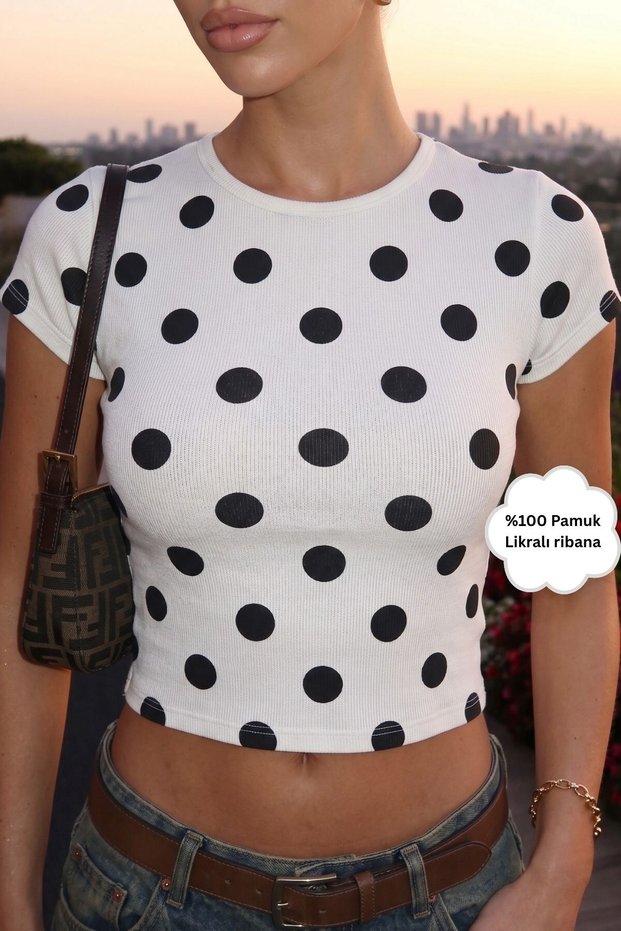 Women's Slim T-Shirt Luna Dot Polka Dot Printed White – Lycra Ribbed, Comfortable Fit, 100% Cotton
