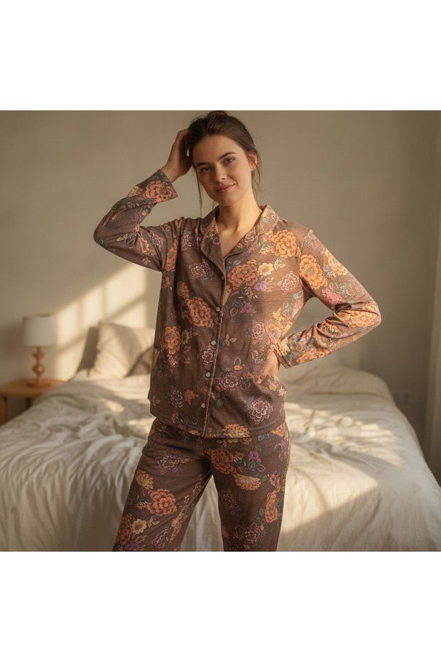 Women's Clothing Front Button Printed Pajama Set Bb2671