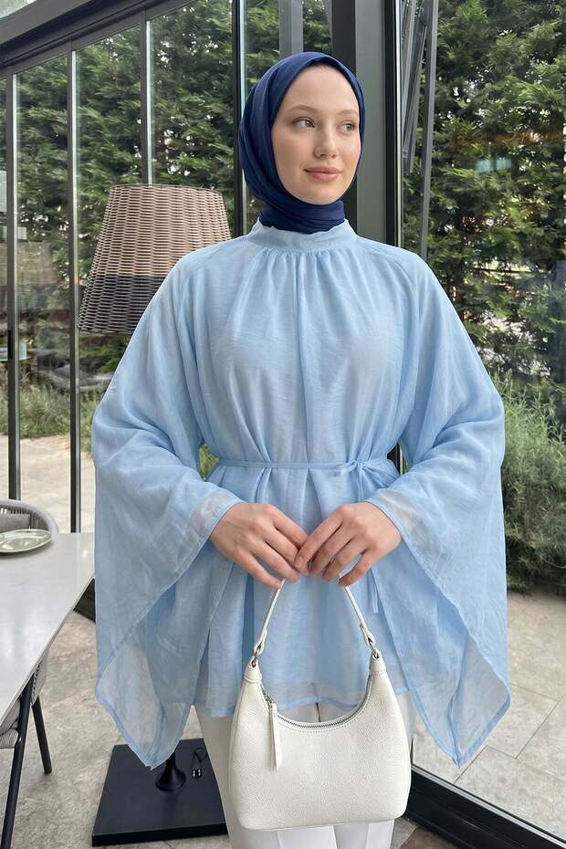تونيك بأكمام راجلان مزمومة Y0150 - أزرق فاتح