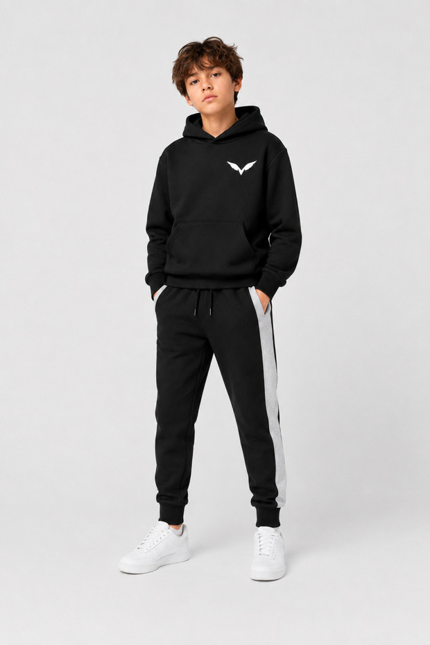Winged Printed Unisex Children's Tracksuit Set with Kangaroo Pocket and Hood