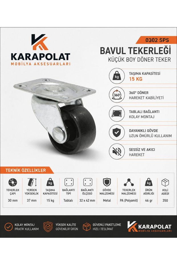 30 mm Swivel Suitcase Wheel with Plate 15 kg Carrying Capacity Pa Polyamide Furniture Cabinet Coffee Table Drawer Caster