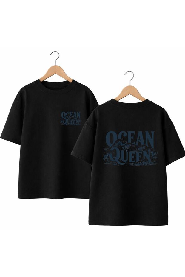 Ocean Queen Back and Front Chest Printed 100% Cotton Oversize Loose Regular Fit Crew Neck T-Shirt