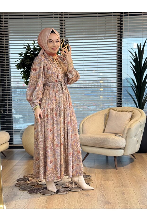 014 فستان شيفون بنمط زهور مختلطة باللون الخردلي