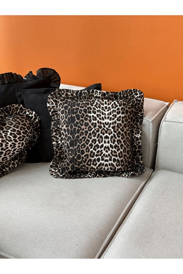 Leopard Series Ruffle Detailed Linen Throw Pillow Cover 45X45 cm Decorative Sofa and Bedroom Pillowcase