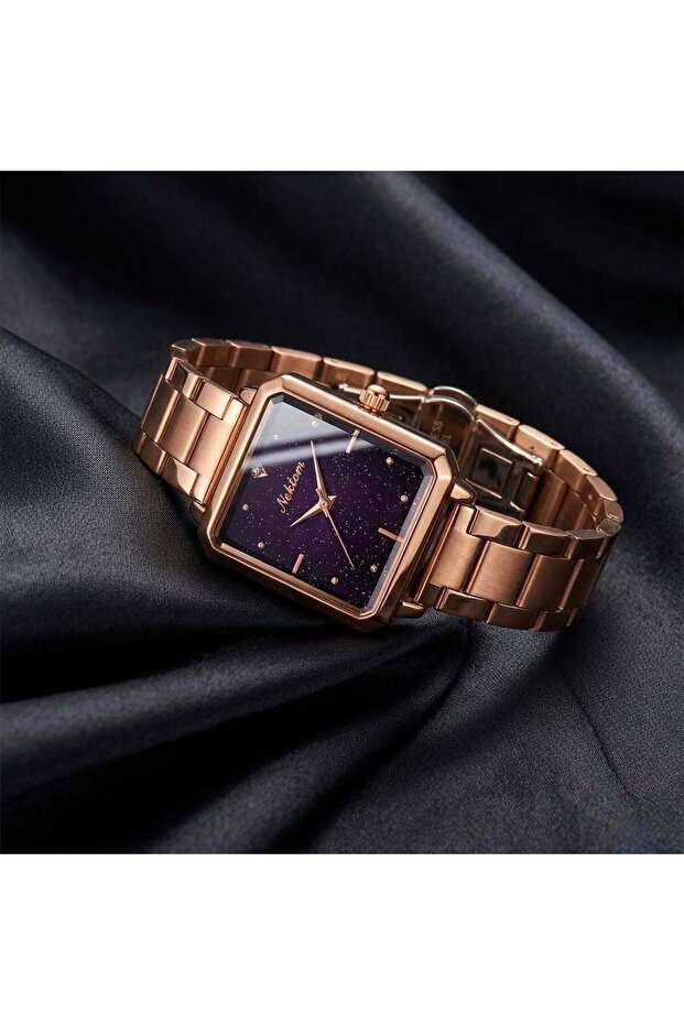 Nektom Stylish Square Dial Luxury Watch - Rose Gold