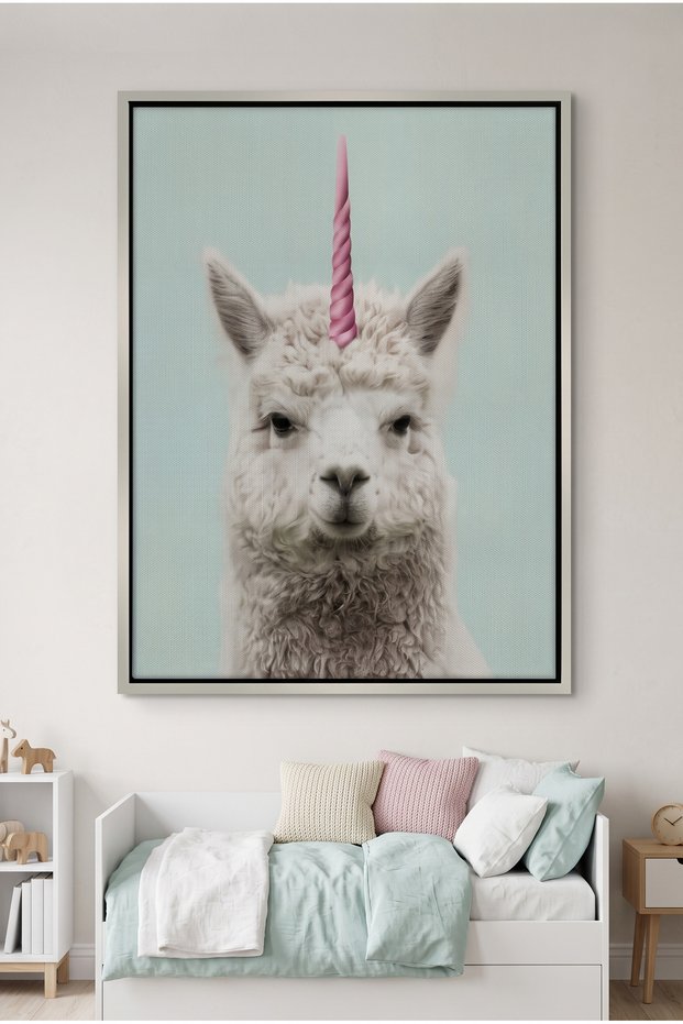 Alpaca Unicorn Kids Wall Art | Portrait Framed Canvas Print | Luxury Modern Decor for Kids Room