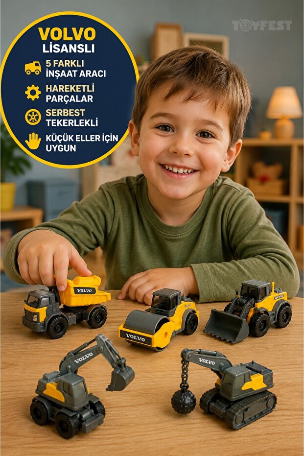 Volvo Licensed Micro Workers Mini Construction Vehicles Set of 5 Movable Free Wheel 9 cm