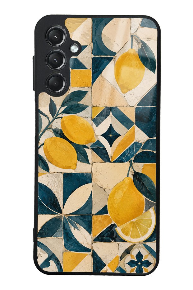 Samsung A24 Glossy Phone Case with Mediterranean Lemon Mosaic Design