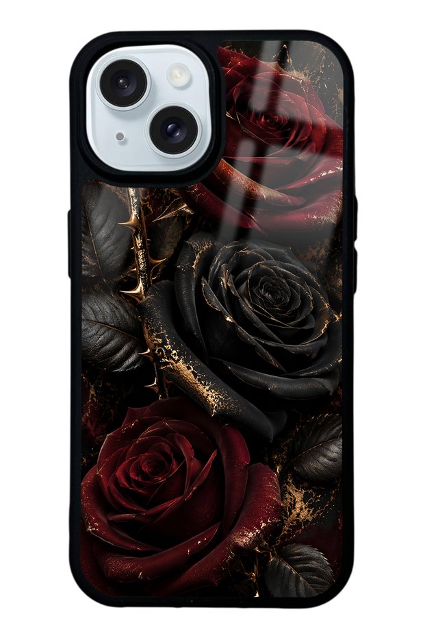 iPhone 15 Obsidian Crimson Rose Design Glossy Phone Case