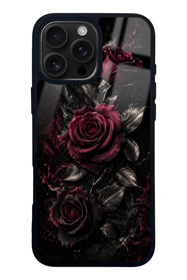 iPhone 16 Pro Max Obsidian Burgundy Roses Design Glossy Phone Case