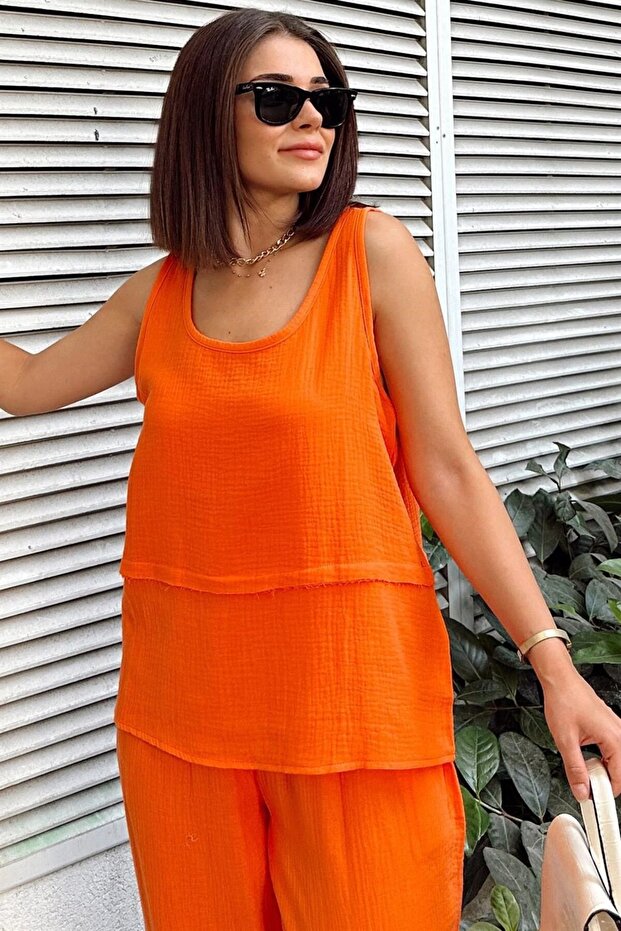 Women's Clothing Orange Imported Muslin Fabric, Basic, Layered, Loose Strap Blouse & Undershirt