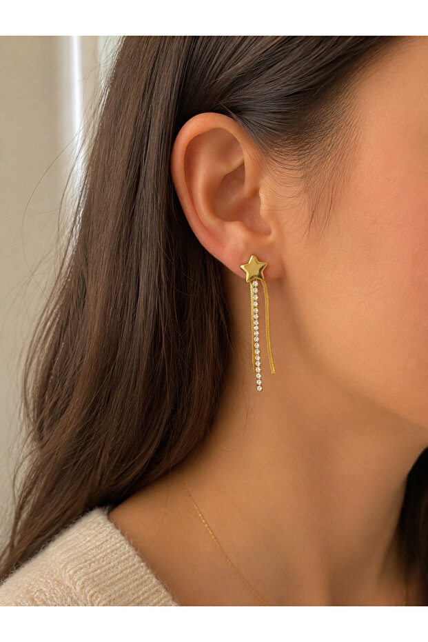 Stainless Steel Gold Star Figured Dangle Earrings with Stone Detail for Women