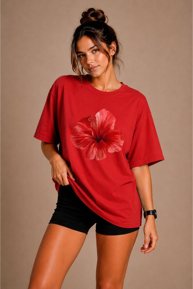Premium Hibiscus Unisex Oversize Women's T-Shirt Men's T-Shirt Cotton Oversize T-Shirt