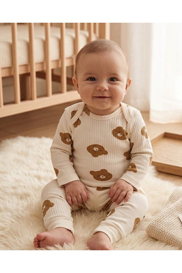 100% Cotton 0-3-6-9-12 Months Teddy Bear Printed Snap-On Bodysuit and Pants 2-Piece Ribbed Thin Set