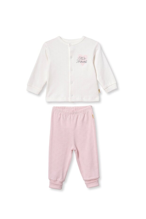 Baby Girl Cotton Ecru Pink Heart Patterned Top and Bottom Set