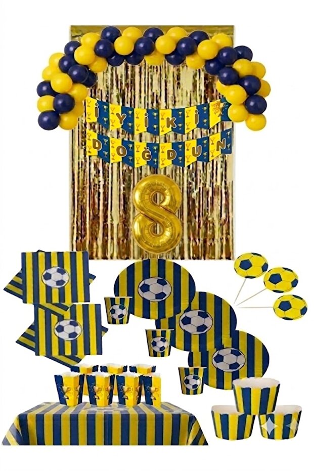 8 Person Yellow Navy Blue Fan 8 Year Birthday Concept
