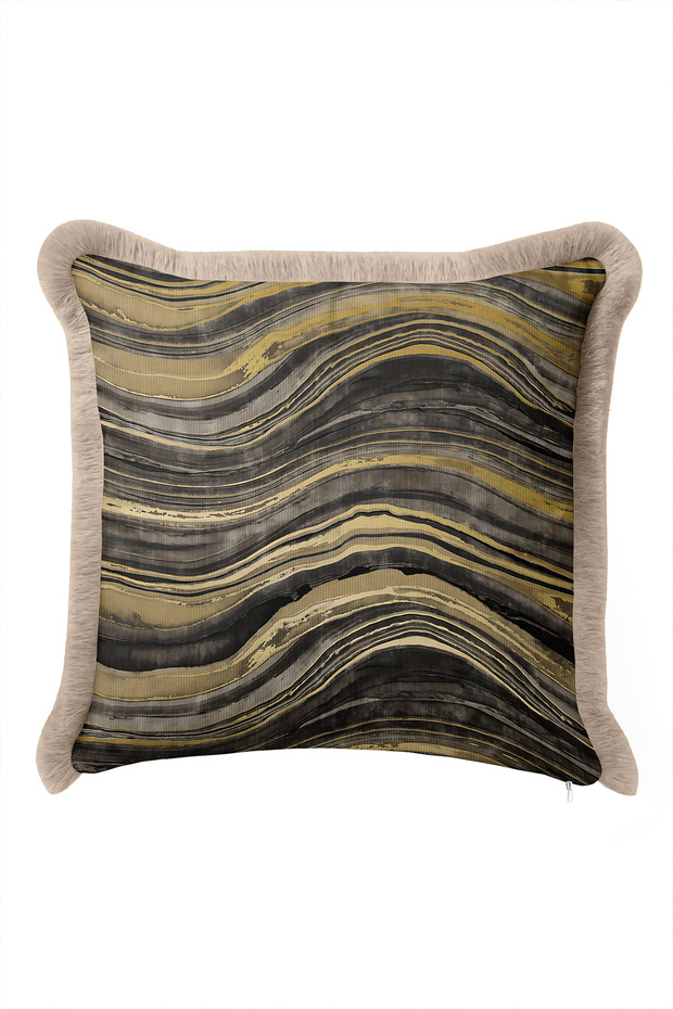 Abstract Fringed Pillowcase with Marble Motif - Wavy Modern Gold Cream Tassel Throw Pillow Cover