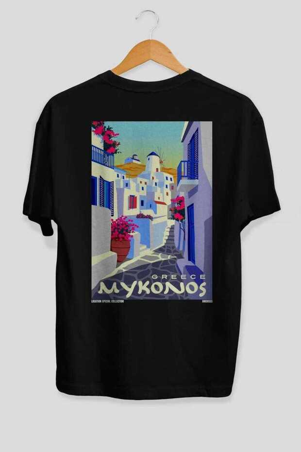 Mykonos Greece Black Oversize Country City Back Printed Unisex T-Shirt 100% Cotton Premium