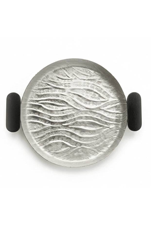 Luhpar Wave Textured Aluminum Round Tray with Black Wooden Handles - 25 cm
