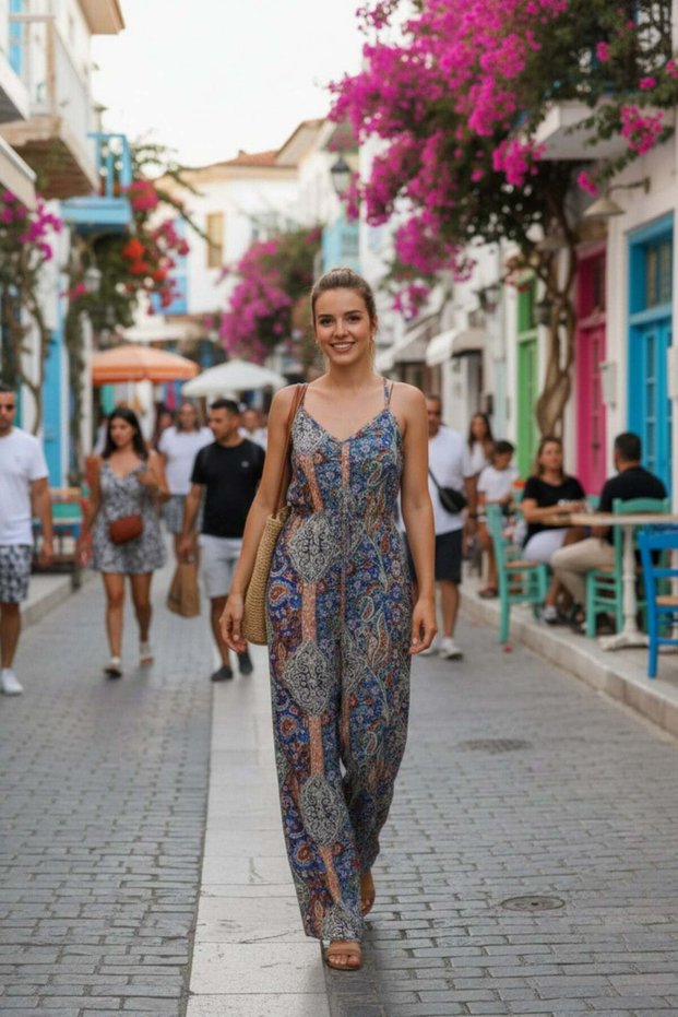 V-Neck Patterned Single Jersey Jumpsuit with Rope Straps - Patterned