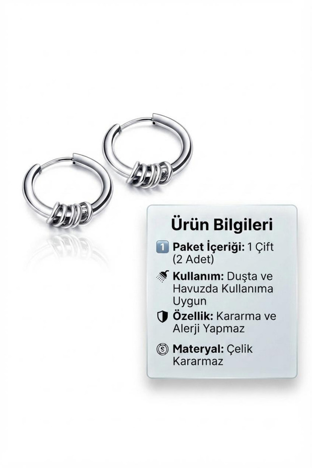 Silver Color Hoop Detailed Sporty Surgical Steel Hoop Earring