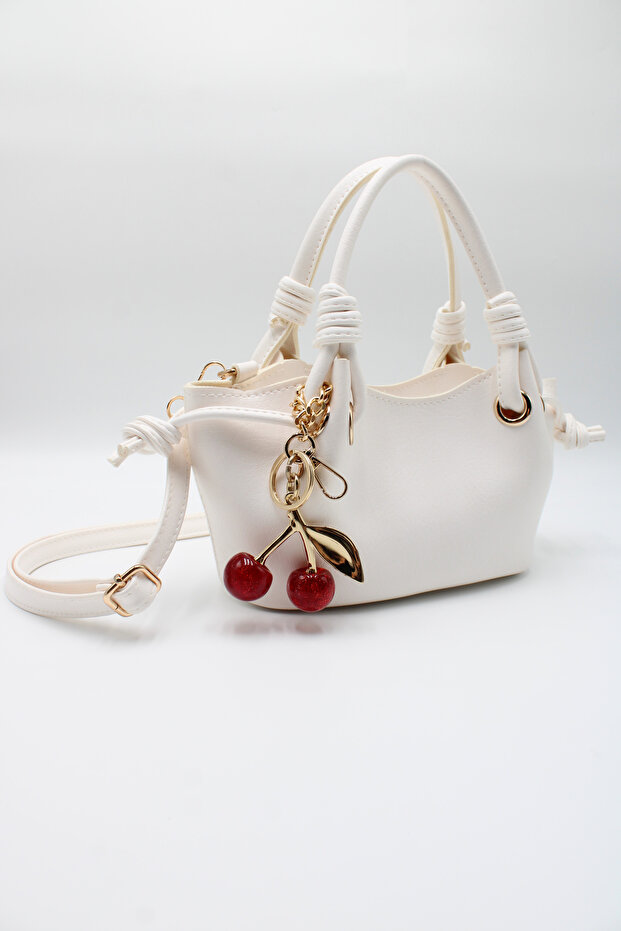 Women's White Knot Detailed Crossbody Hand and Shoulder Bag with Cherry Charm Accessory