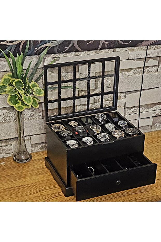 Wooden Black 12 Compartment Watch 5 Compartment Glasses Box Decorative Storage Box Organizer