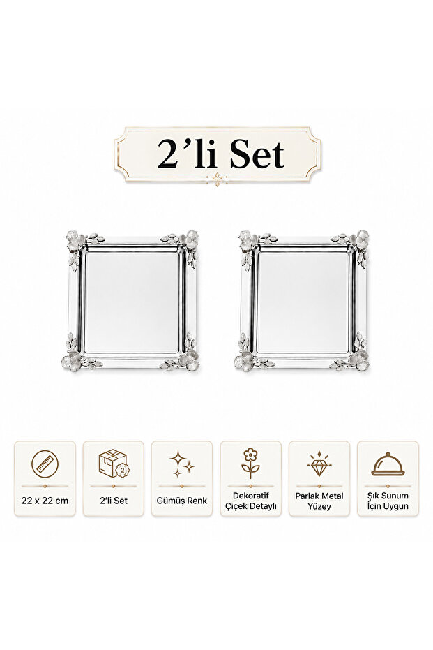 Silver Flower Detailed Square Presentation Tray 22X22 cm Engagement Coffee Tea Dessert Treat Tray