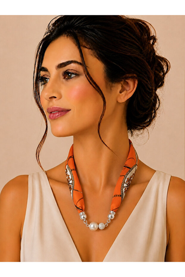 Special Series Silky Satin Zircon Stone and Pearl Detailed Magnetic Scarf - 57cm