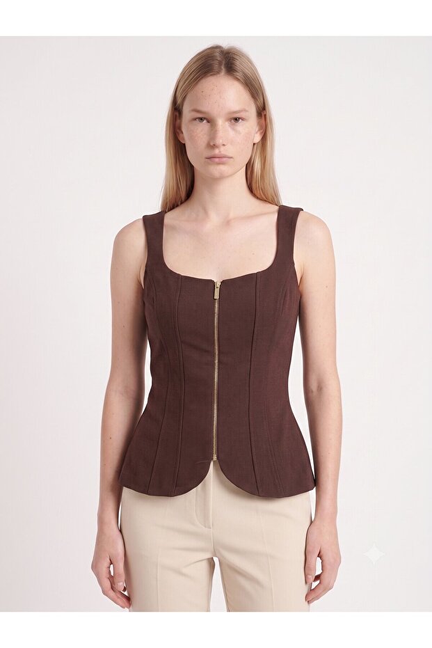 Brown Halter Neck Zippered Scuba Crepe Knitted Vest