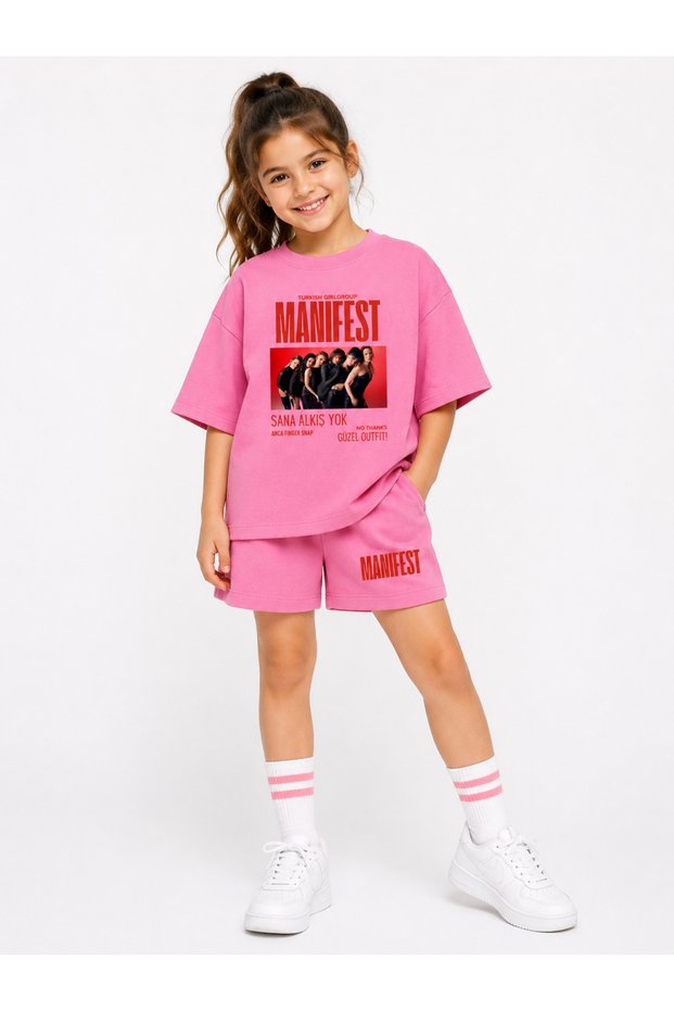Manifest Girls M6Nifestgirls Printed Oversize 100% Cotton T-Shirt Shorts 2-Piece Children's Set