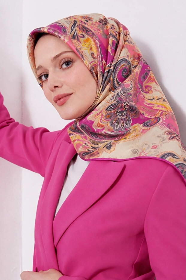 Patterned Cotton Silk Scarf Ls2203 14-Ecru-Pink-Yellow