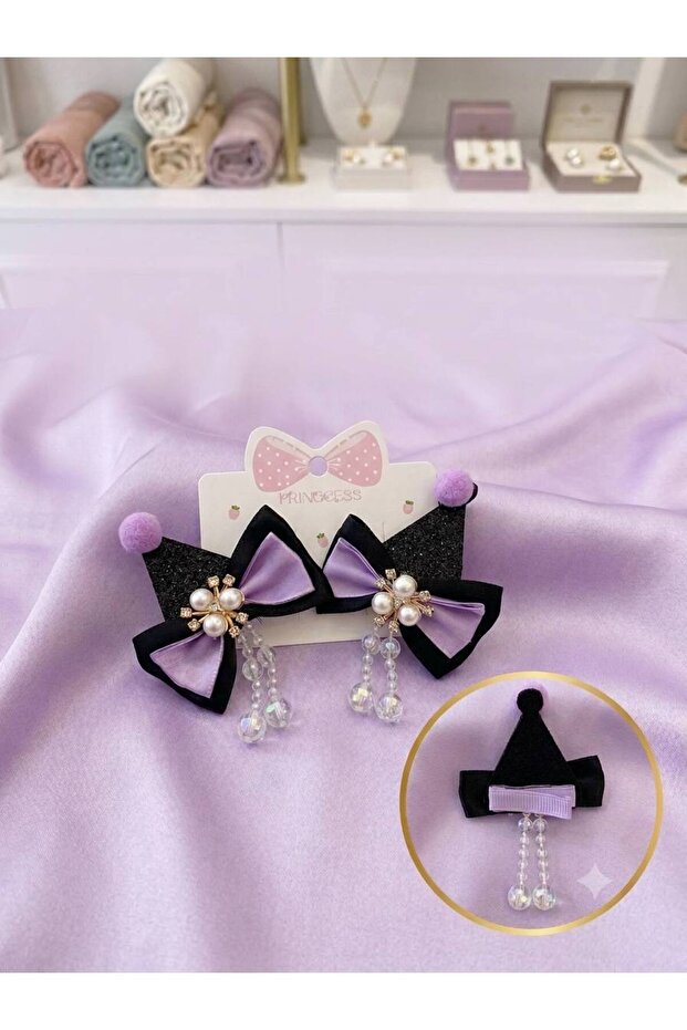 Girl's Kuromi Model Silvery Witch Hat Design 2-Piece Clip-On Buckle Set - Pearl-Studded Dangle Hair Accessory