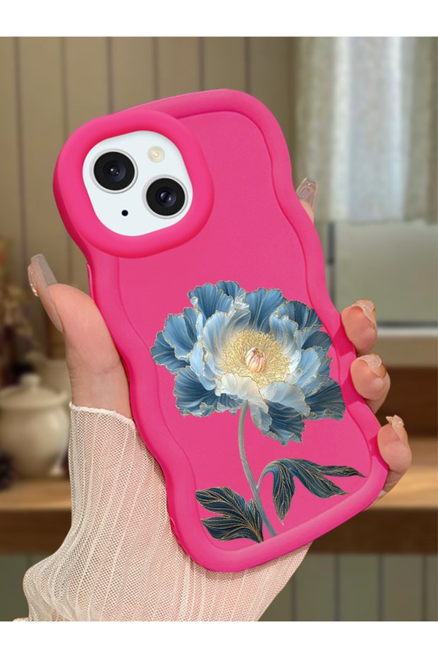iPhone 14 Compatible Case with Camera Protection Red Silicone Couple Phone Case with Floral Pattern