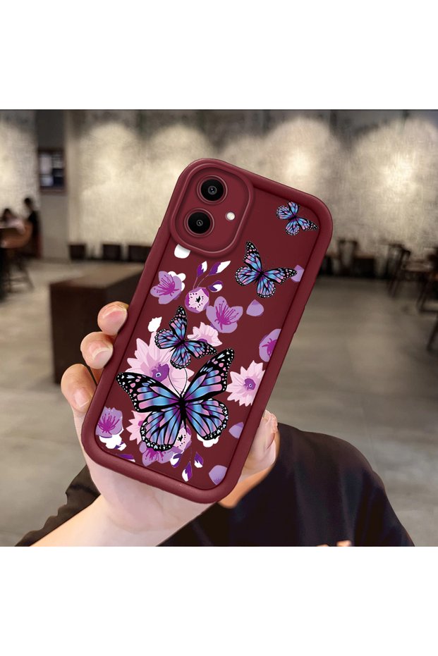 Samsung Galaxy A06 Compatible Case Camera Protector Burgundy Silicone Couple Phone Case Butterfly Pattern