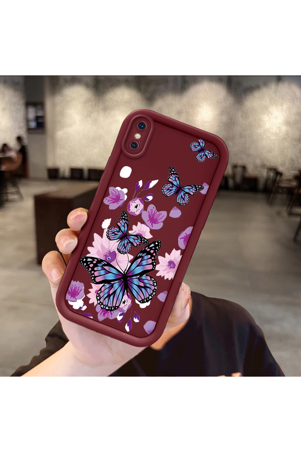 iPhone X Compatible Case Camera Protector Burgundy Silicone Couple Phone Case Butterfly Pattern