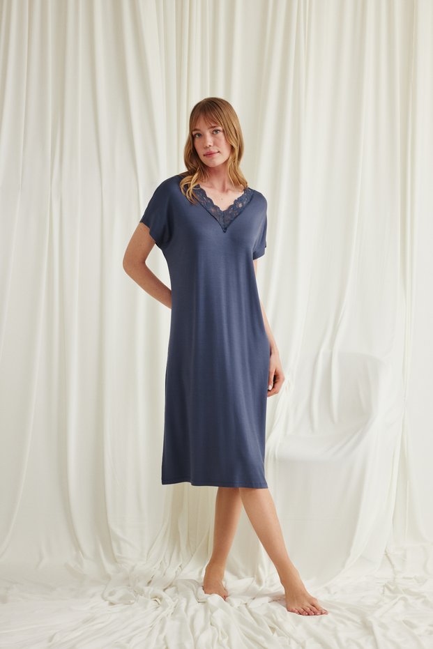Navy Blue Lace Nightgown, Women's Short-Sleeved Viscose Home Dress, V-Neck Guipure Nightgown, One-Piece Stylish Denim Blue Sleepwear
