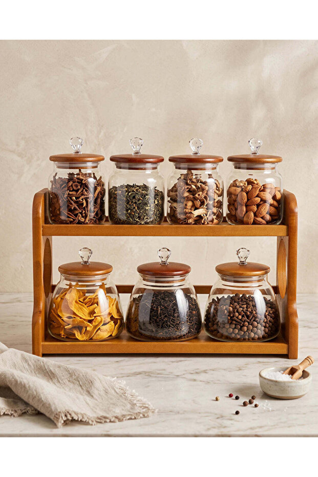 Brown Round Glass Jar With Wood Stand Set (8 Piece)